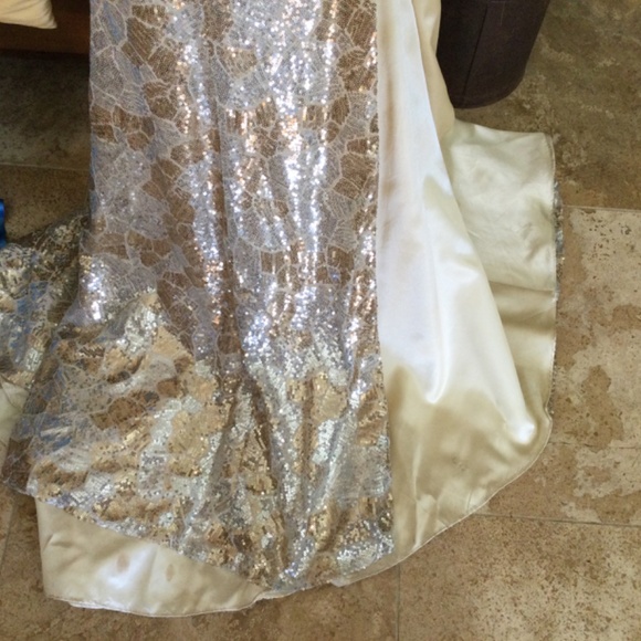 Cire’ Strapless or Halter Silver and Champagne sequine gown, size 4 - Picture 11 of 14